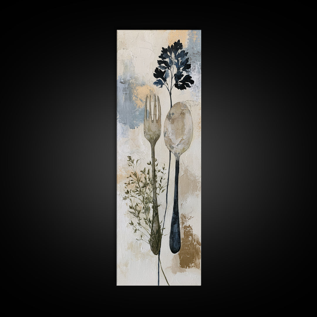 Minimal Fork Spoon and Herb Composition Canvas Print, Dining Room Art, Bedroom Wall Art, Dining Room Decor, Dining, DRA-1x3-58
