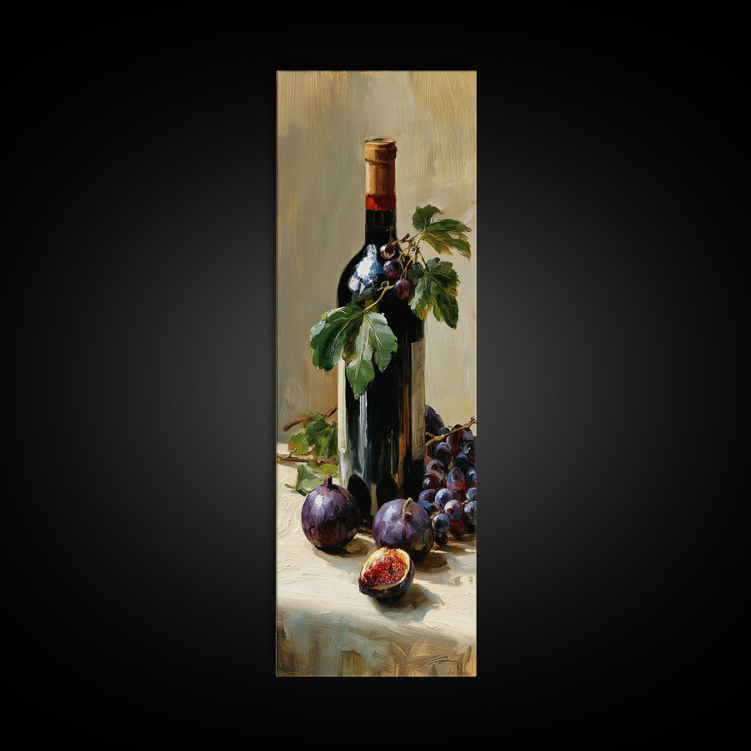 Wine Bottle and Figs on a Linen Canvas Print, Dining Room Art, Canvas Art, Dining Room Decor, Abstract Art, Dining, DRA-1x3-63