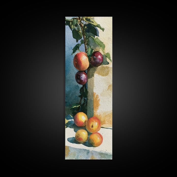 Peach and Plum Still Life Framed Canvas Print, Dining Room Art, Large Wall Art, Dining Room Decor, Dining, Watercolor Painting, DRA-1x3-80