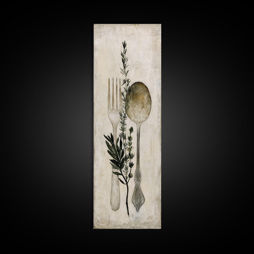Minimal Fork Spoon and Herb Composition Canvas Print, Dining Room Art, Coastal Decor, Dining Room Decor, Oil Painting, Dining, DRA-1x3-82