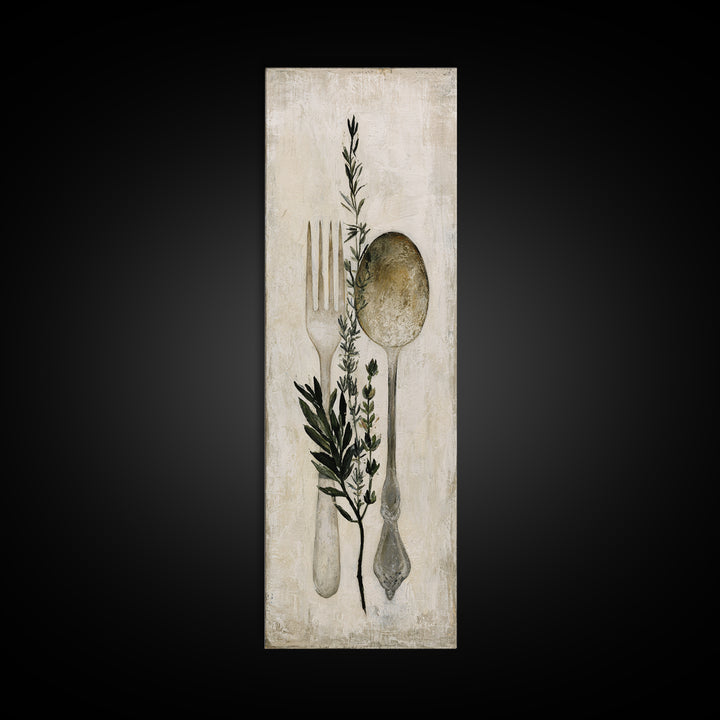 Minimal Fork Spoon and Herb Composition Canvas Print, Dining Room Art, Coastal Decor, Dining Room Decor, Oil Painting, Dining, DRA-1x3-82