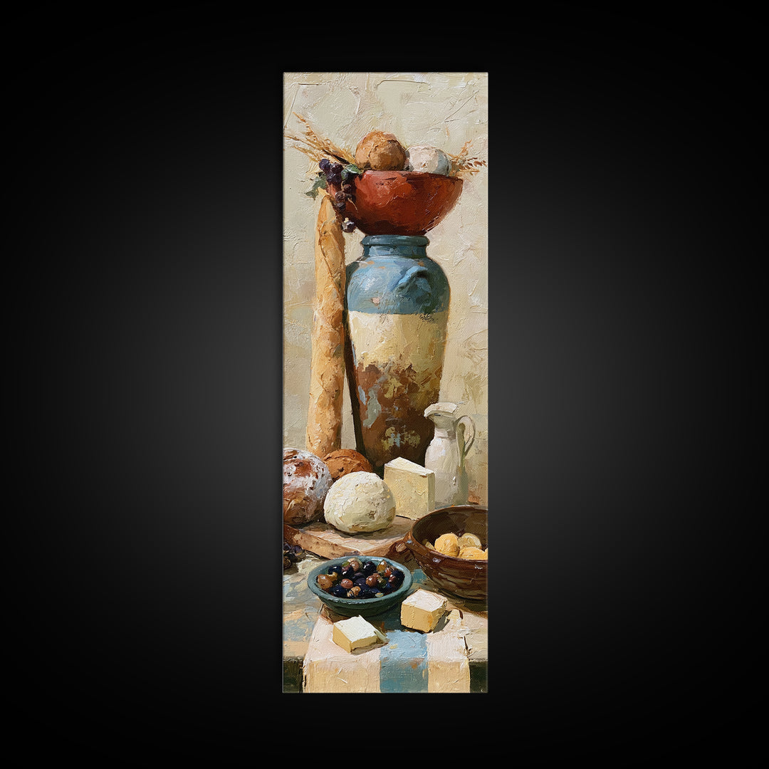Rustic Bread Olives and Cheese Still Life Canvas Print, Dining Room Art, Modern Decor, Dining Room Decor, Oil Painting, Dining, DRA-1x3-90