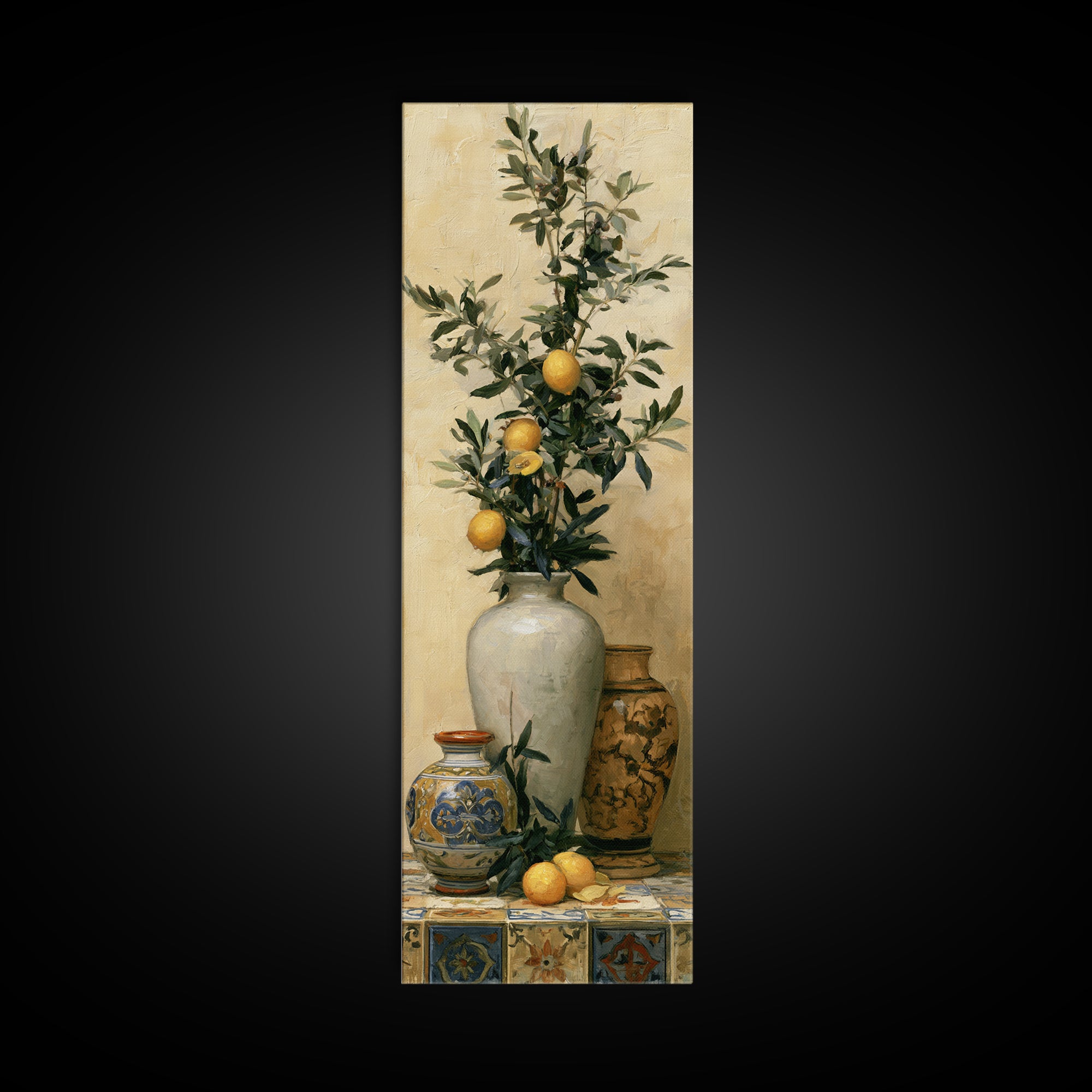 Mediterranean Olive Branch and Citrus Arrangement Canvas Print, Dining Room Art, Bedroom Decor, Dining Room Decor, Dining, DRA-1x3-96