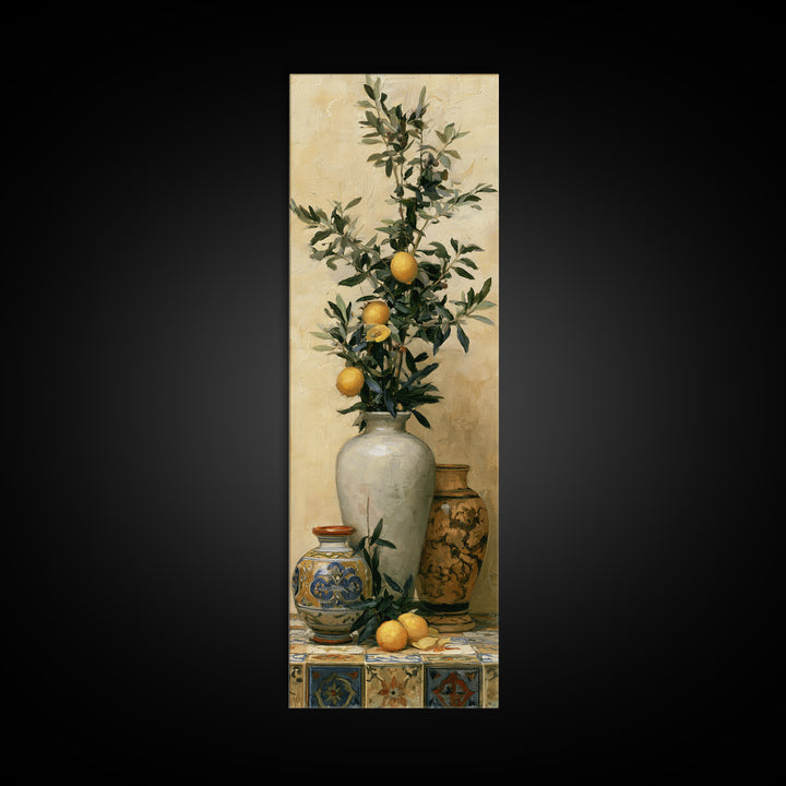 Mediterranean Olive Branch and Citrus Arrangement Canvas Print, Dining Room Art, Bedroom Decor, Dining Room Decor, Dining, DRA-1x3-96