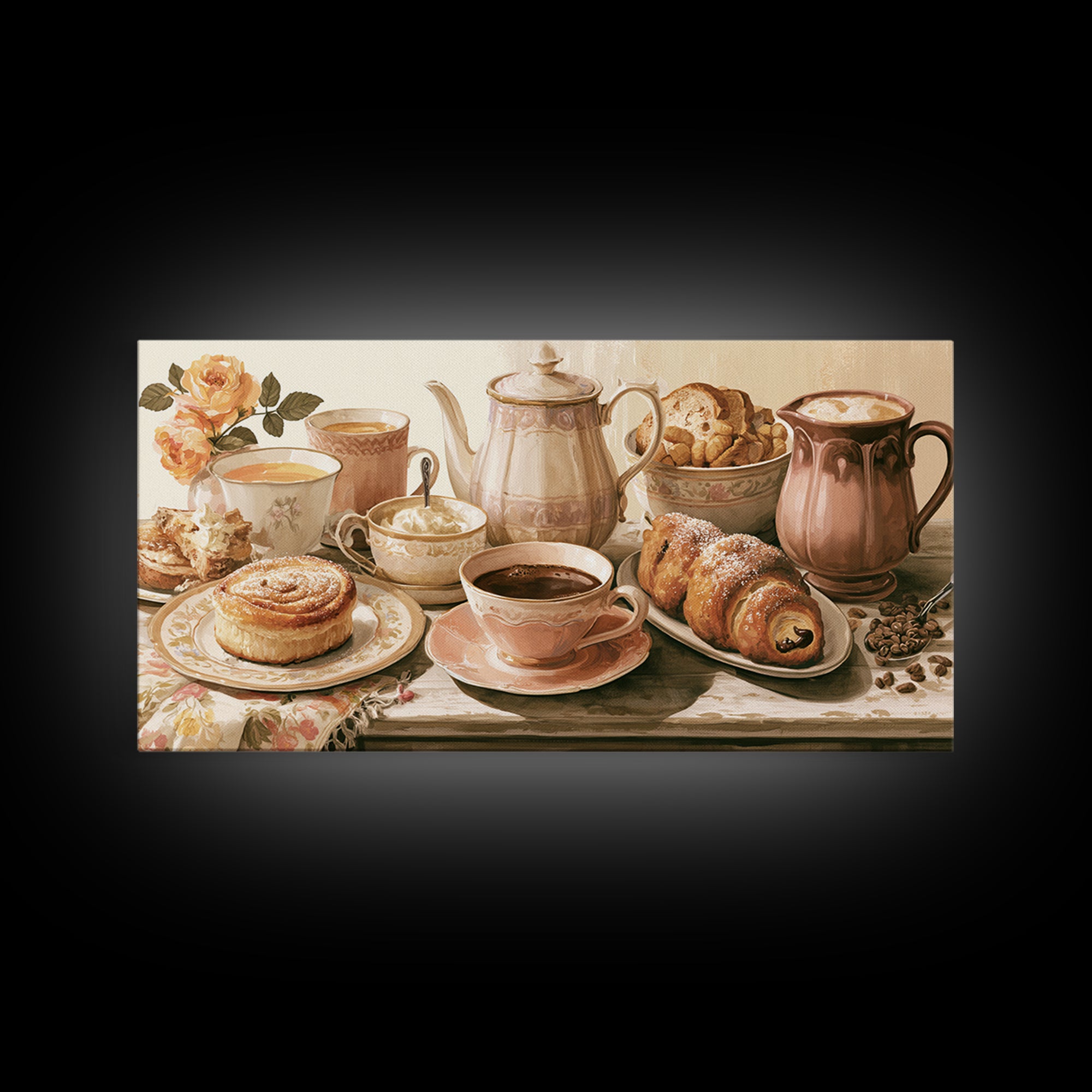 Coffee and Pastry Scene for Breakfast Nook Framed Canvas Print, Dining Room Art, Fine Art Print, Dining Room Decor, Dining, DRA-2x1-10