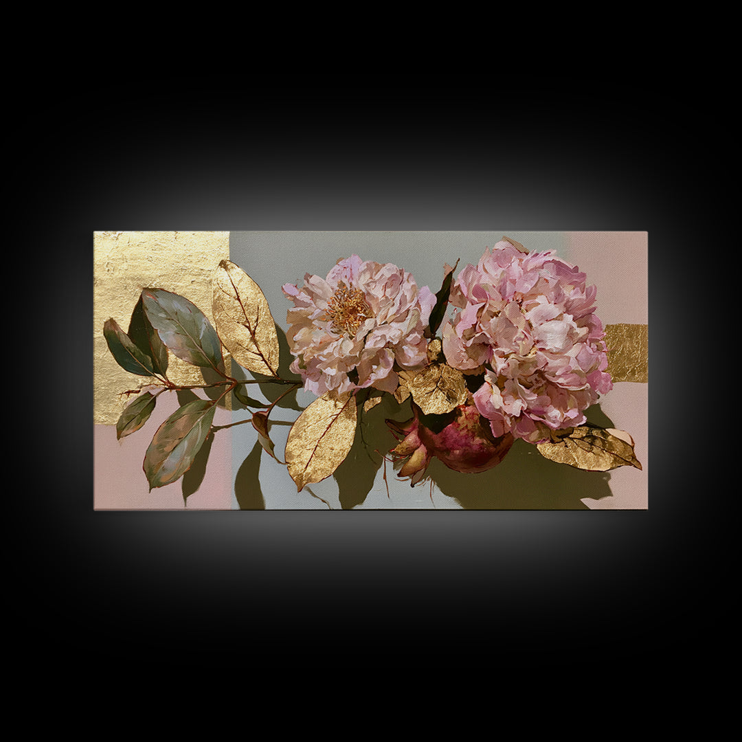 Pomegranate and Gold Leaf Botanical Study Canvas Print, Dining Room Art, Bedroom Wall Art, Dining Room Decor, Dining, DRA-2x1-100
