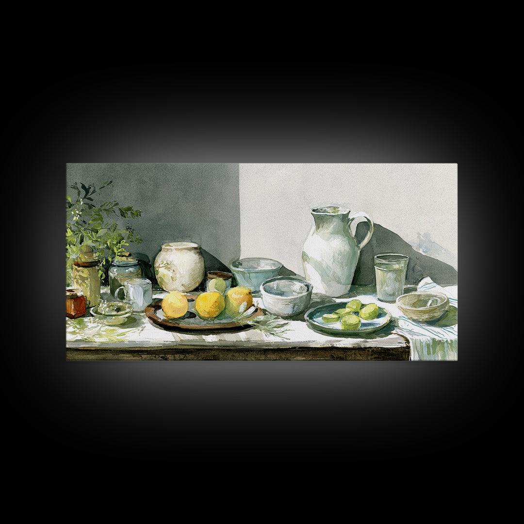Sunlit Farmhouse Table Objects Without Room View Framed Canvas Print, Dining Room Art, Boho Decor, Dining Room Decor, Dining, DRA-2x1-13