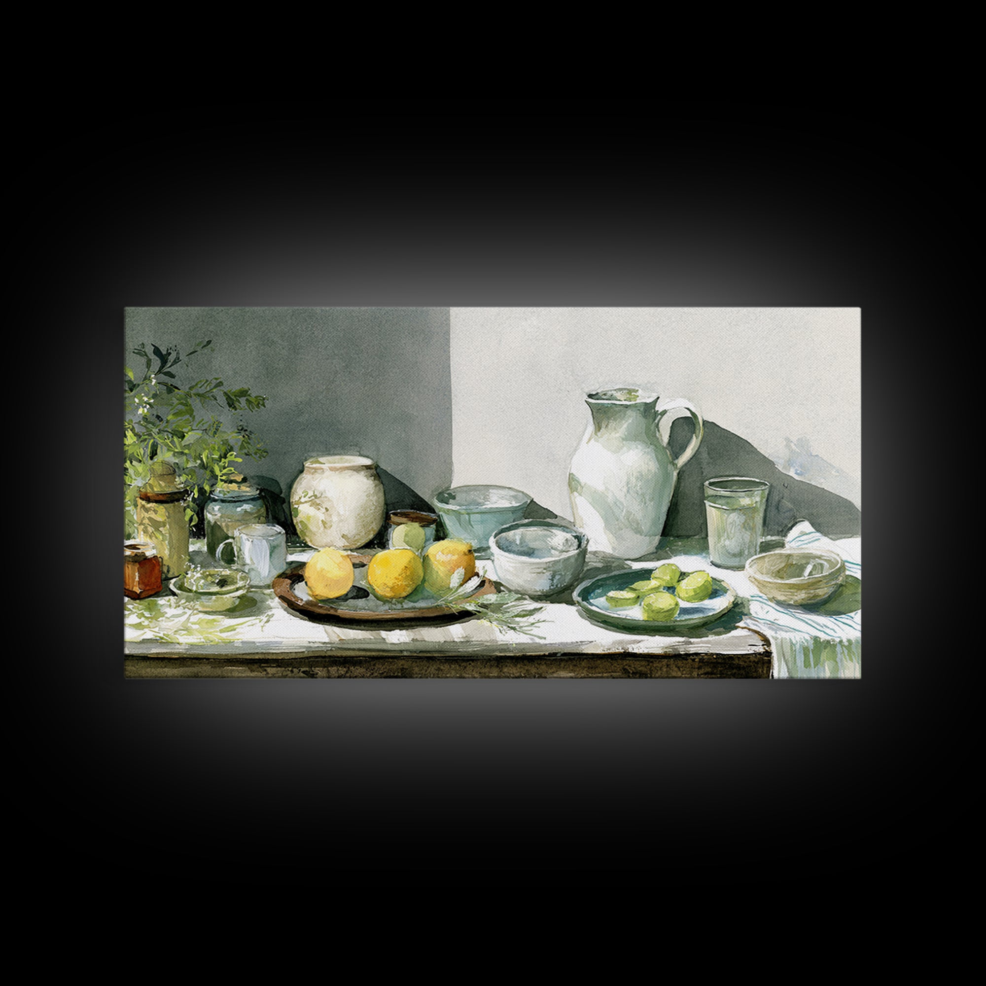 Sunlit Farmhouse Table Objects Without Room View Framed Canvas Print, Dining Room Art, Boho Decor, Dining Room Decor, Dining, DRA-2x1-13