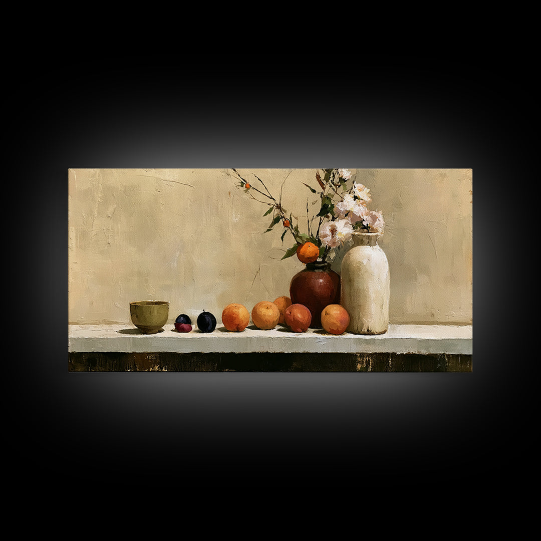 Peach and Plum Still Life Framed Canvas Print, Dining Room Art, Modern Decor, Dining Room Decor, Fine Art, Dining, Home Decor, DRA-2x1-16