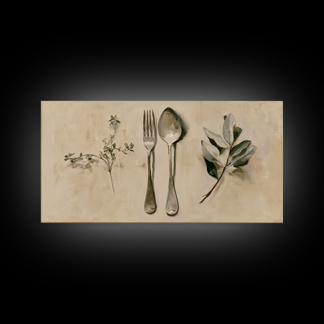 Minimal Fork Spoon and Herb Composition Framed Canvas Print, Dining Room Art, Gallery Decor, Dining Room Decor, Dining, DRA-2x1-18