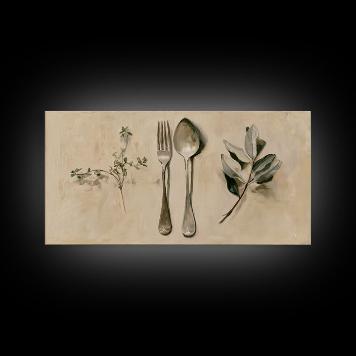 Minimal Fork Spoon and Herb Composition Framed Canvas Print, Dining Room Art, Gallery Decor, Dining Room Decor, Dining, DRA-2x1-18