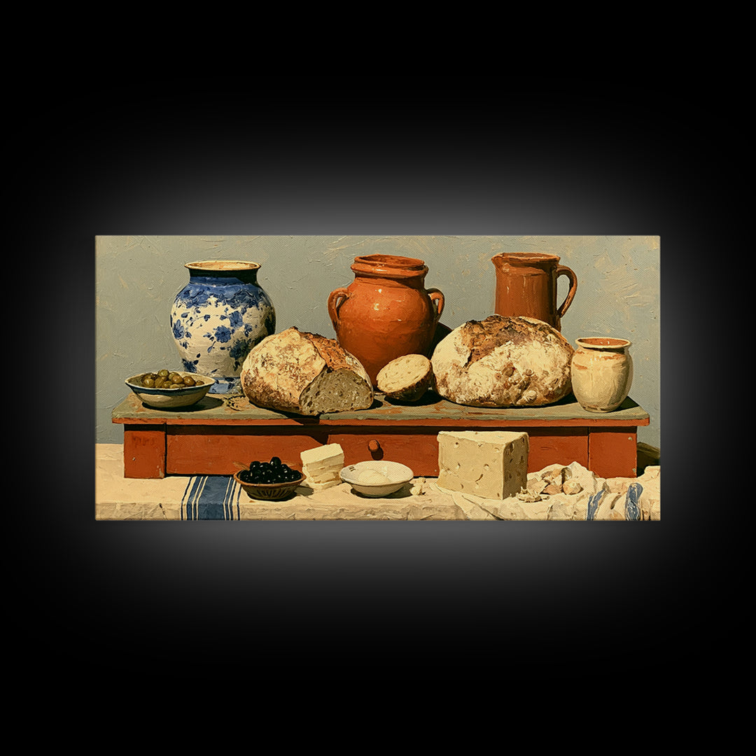 Rustic Bread Olives and Cheese Still Life Canvas Print, Dining Room Art, Neutral Decor, Dining Room Decor, Abstract Art, Dining, DRA-2x1-2