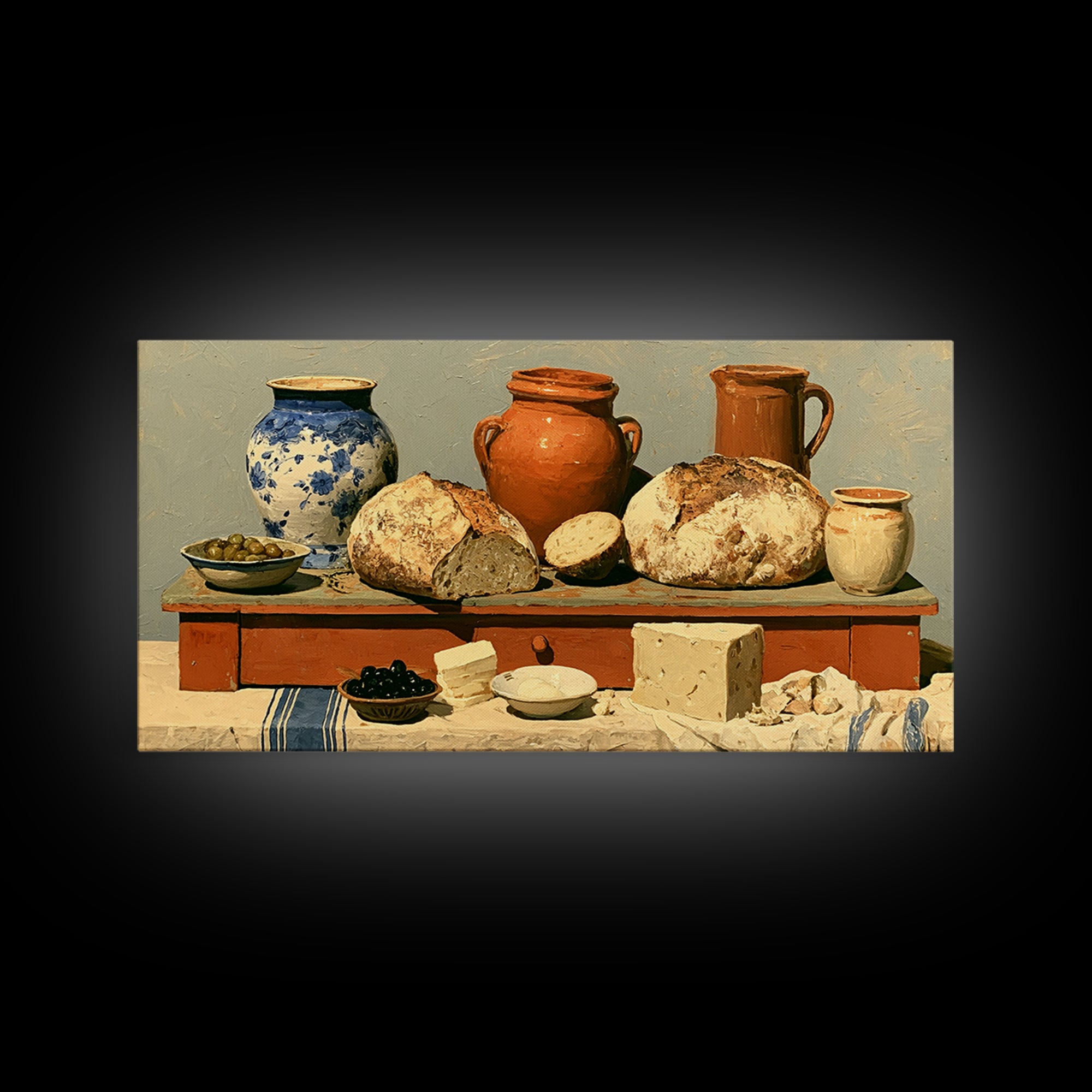 Rustic Bread Olives and Cheese Still Life Canvas Print, Dining Room Art, Neutral Decor, Dining Room Decor, Abstract Art, Dining, DRA-2x1-2