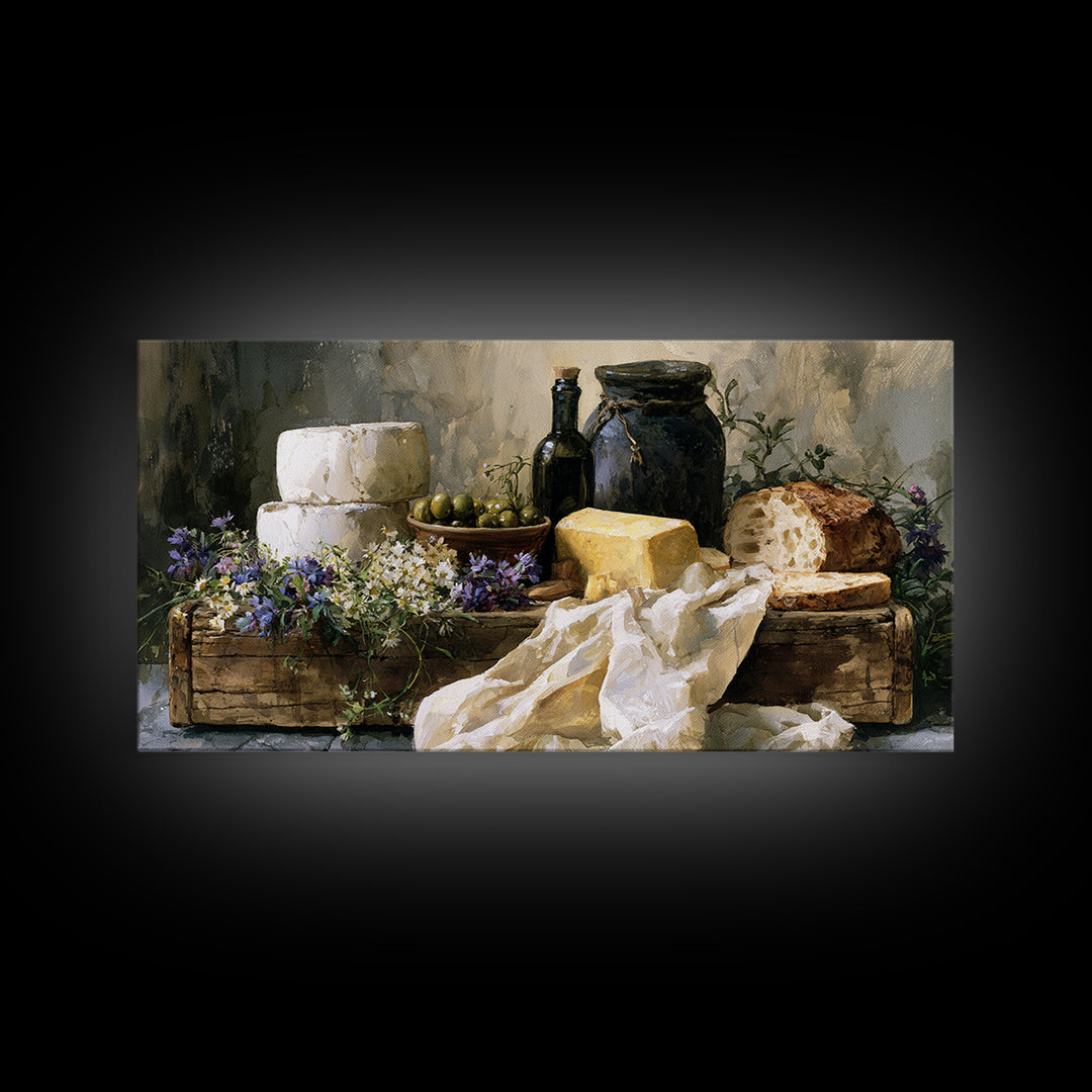 Rustic Bread Olives and Cheese Still Life Canvas Print, Dining Room Art, Neutral Decor, Dining Room Decor, Abstract Art, Dining, DRA-2x1-26