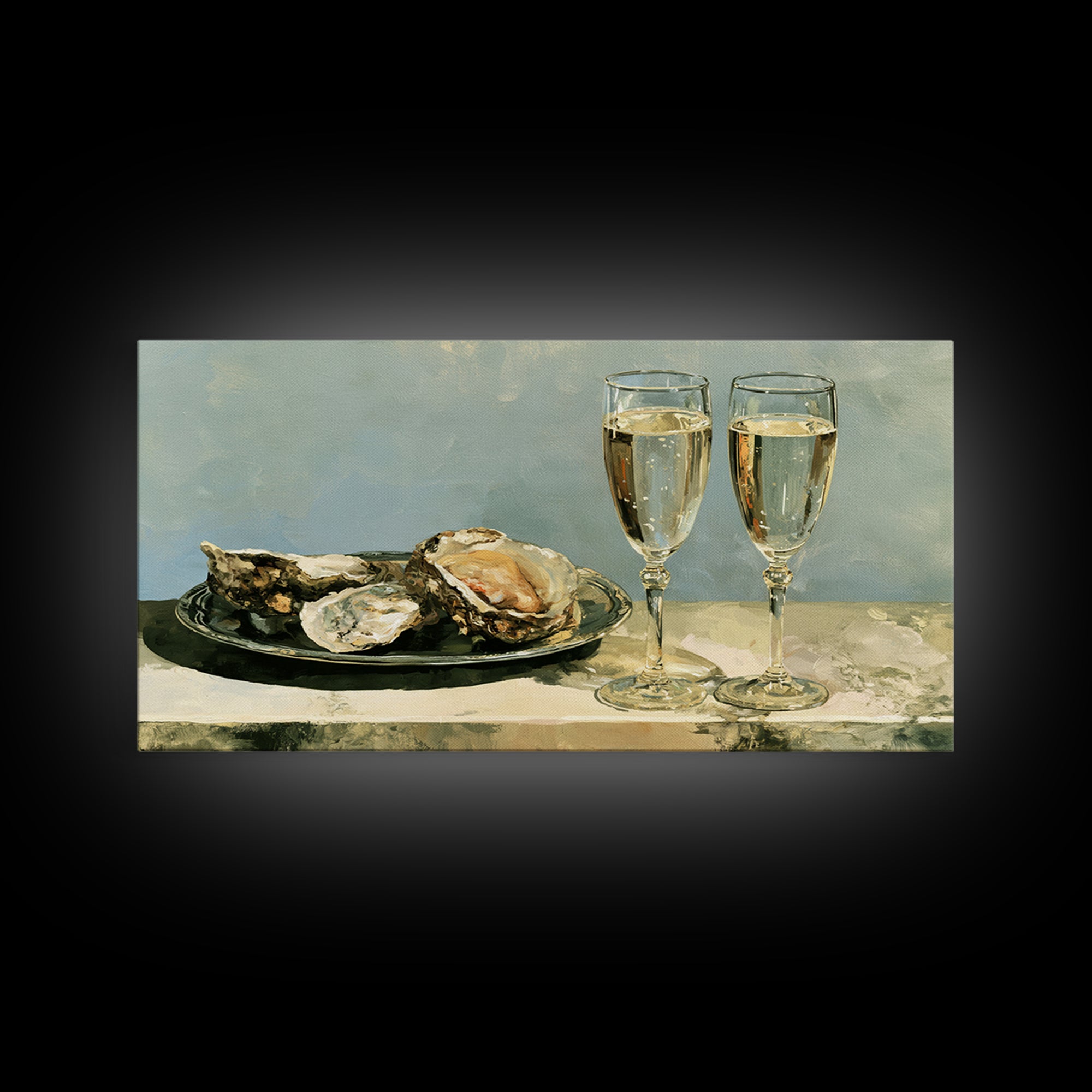 Elegant Oyster and Champagne Still Life Framed Canvas Print, Dining Room Art, Dining Room Decor, Oil Painting, Dining, DRA-2x1-27