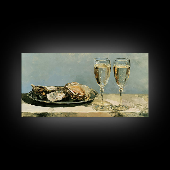 Elegant Oyster and Champagne Still Life Framed Canvas Print, Dining Room Art, Dining Room Decor, Oil Painting, Dining, DRA-2x1-27