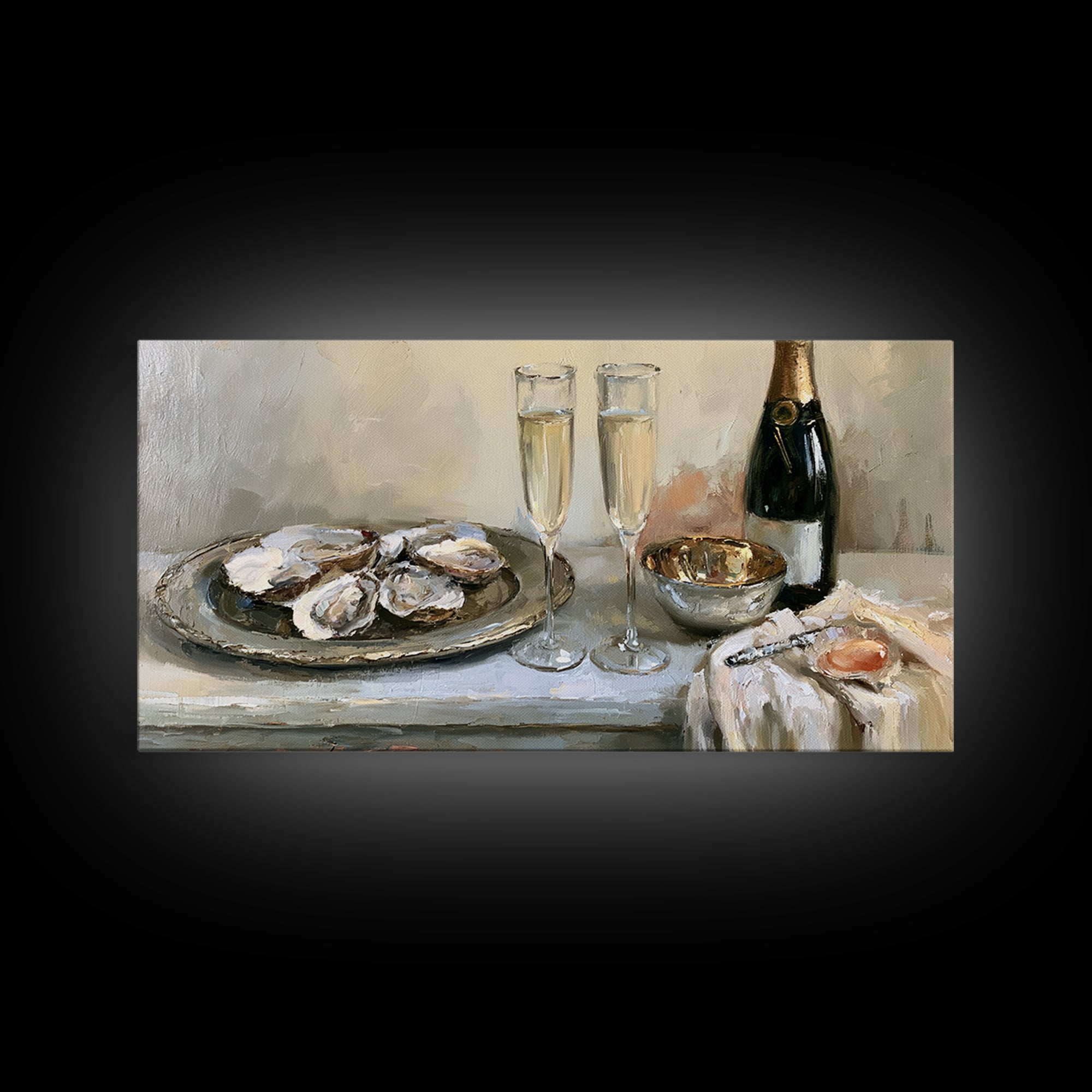 Elegant Oyster and Champagne Still Life Framed Canvas Print, Dining Room Art, Bedroom Decor, Dining Room Decor, Dining, DRA-2x1-3