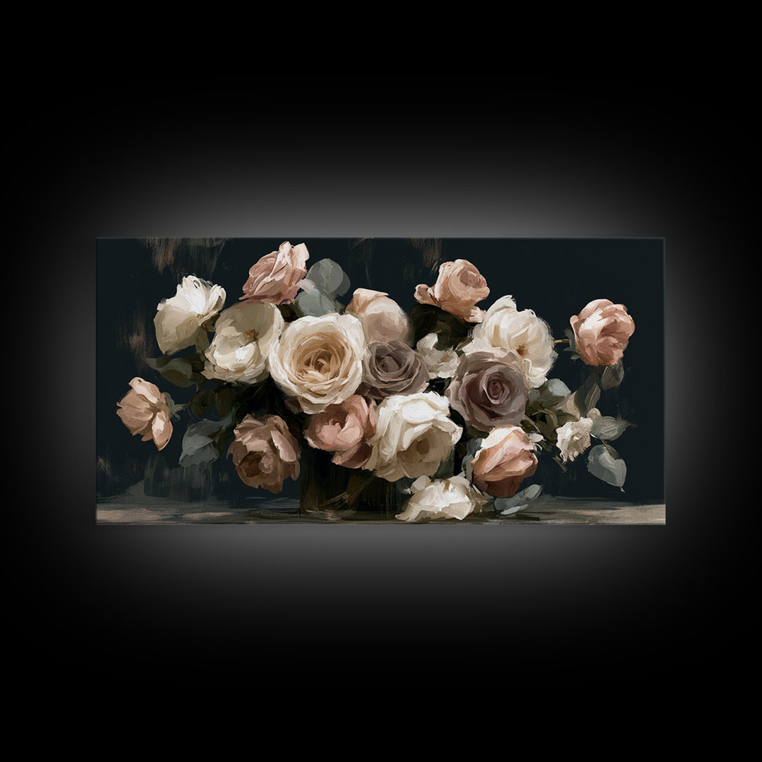 Moody Dark Background Bouquet for Formal Dining Canvas Print, Dining Room Art, Large Wall Art, Dining Room Decor, Dining, DRA-2x1-31