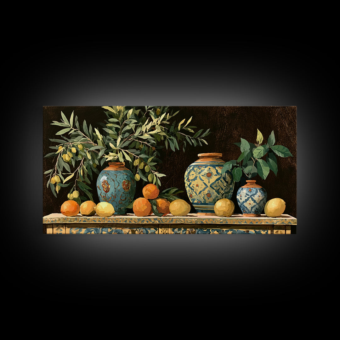 Mediterranean Olive Branch and Citrus Arrangement Canvas Print, Dining Room Art, Minimalist Decor, Dining Room Decor, Dining, DRA-2x1-32