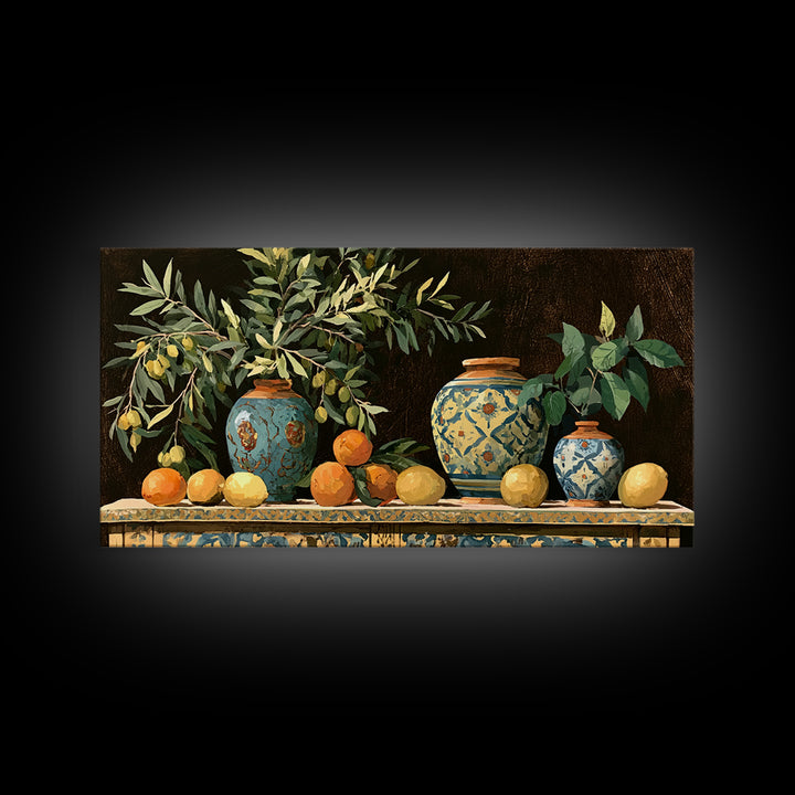 Mediterranean Olive Branch and Citrus Arrangement Canvas Print, Dining Room Art, Minimalist Decor, Dining Room Decor, Dining, DRA-2x1-32