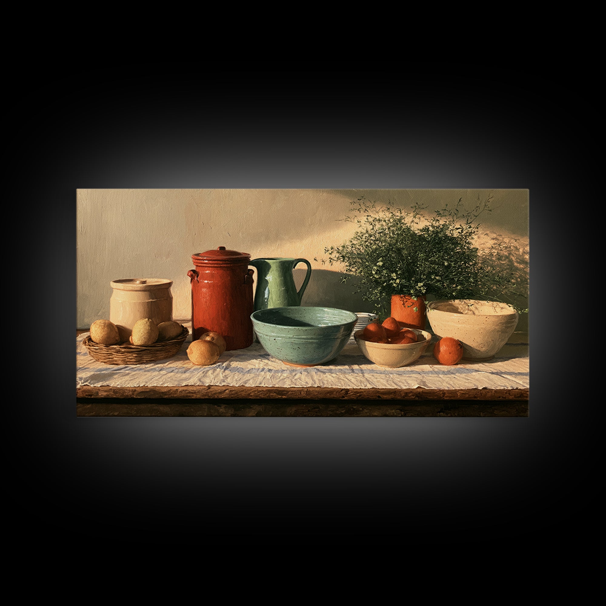 Sunlit Farmhouse Table Objects Without Room View Framed Canvas Print, Dining Room Art, Boho Decor, Dining Room Decor, Dining, DRA-2x1-37