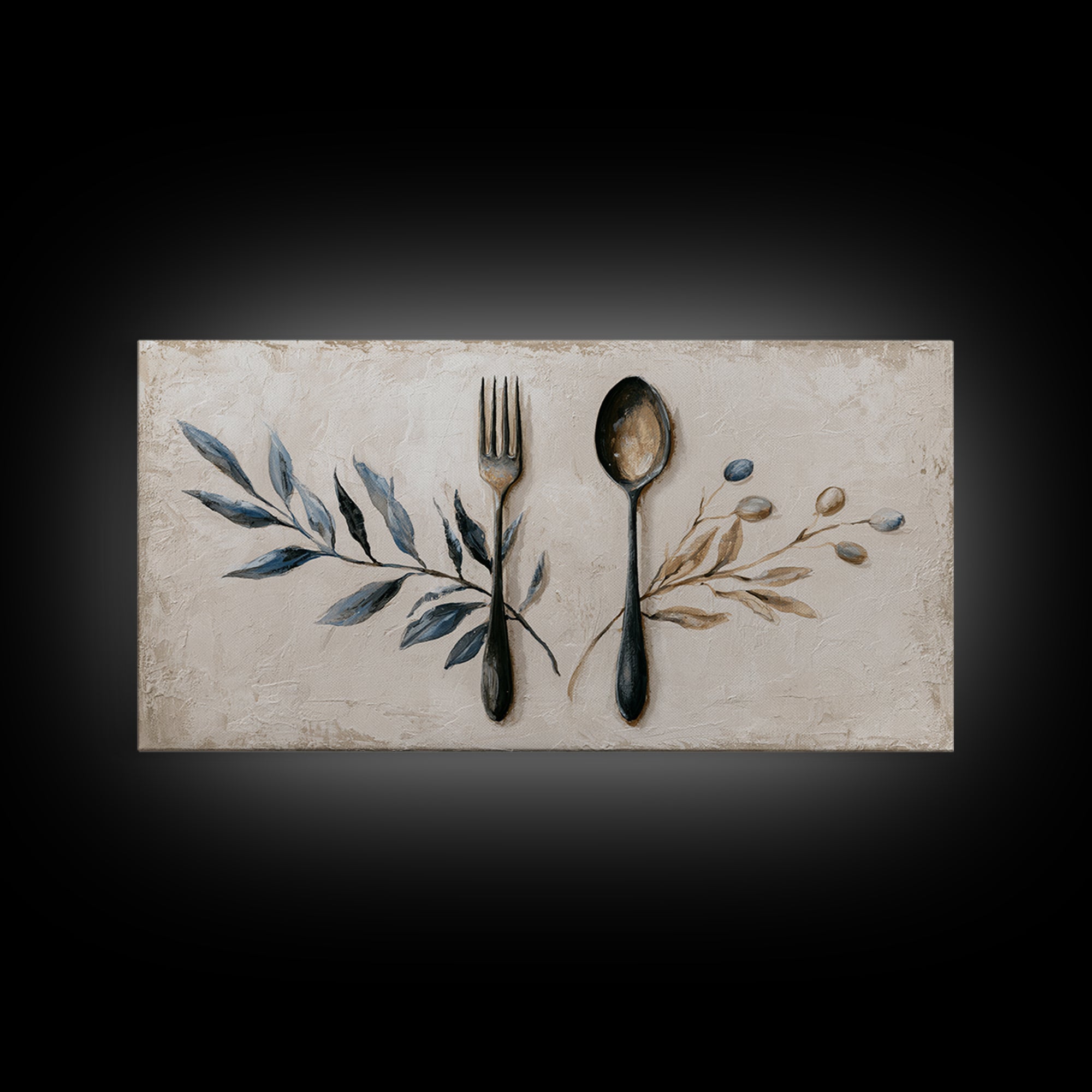 Minimal Fork Spoon and Herb Composition Framed Canvas Print, Dining Room Art, Gallery Decor, Dining Room Decor, Dining, DRA-2x1-42