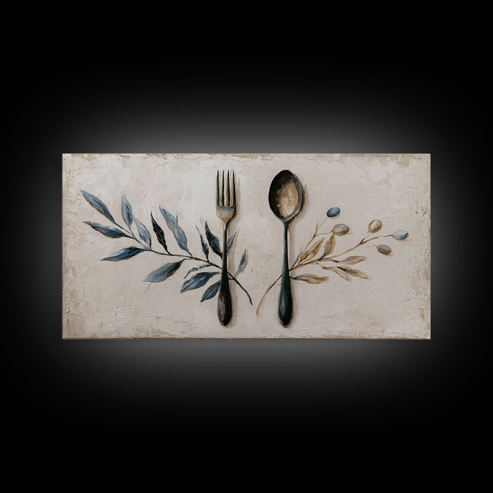 Minimal Fork Spoon and Herb Composition Framed Canvas Print, Dining Room Art, Gallery Decor, Dining Room Decor, Dining, DRA-2x1-42