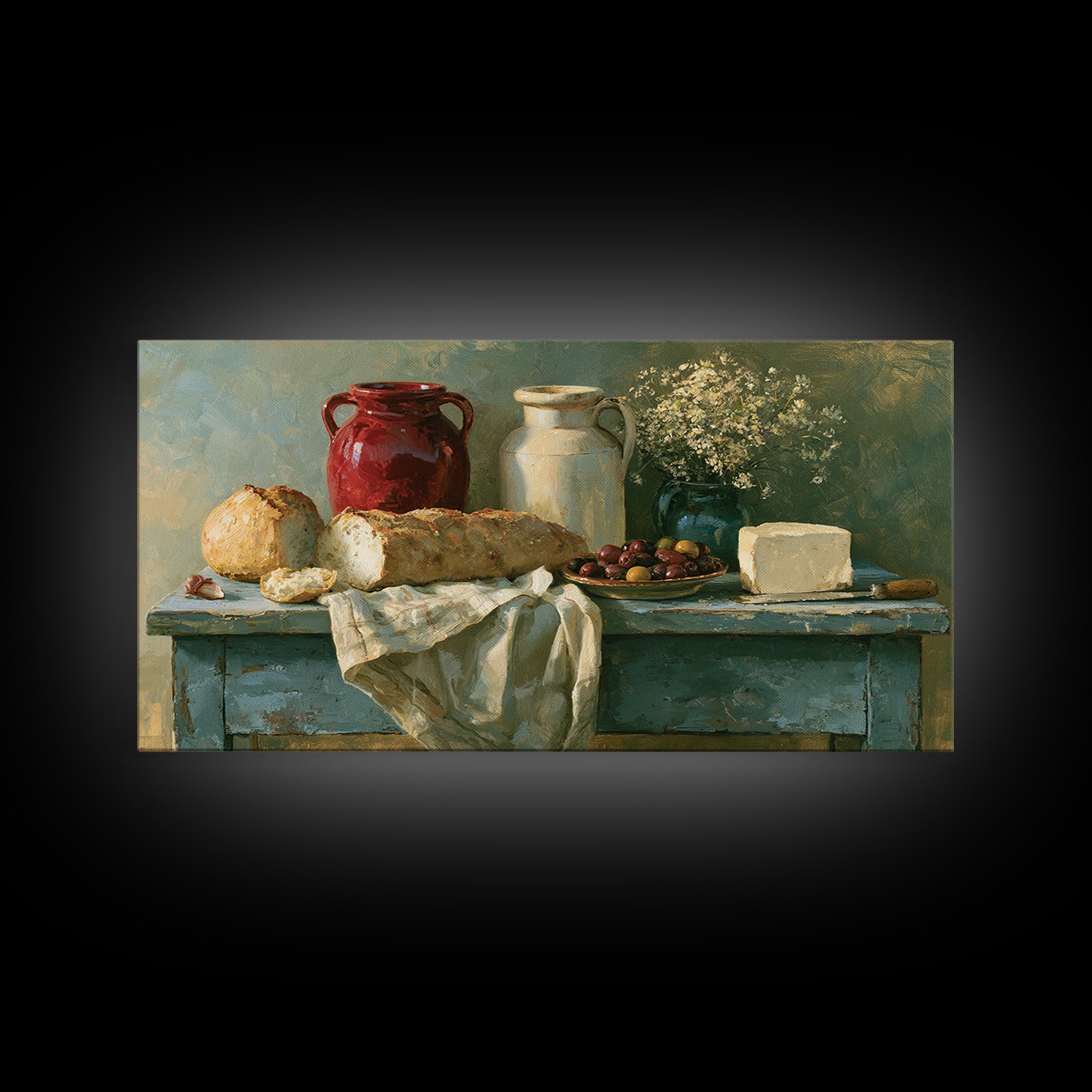 Rustic Bread Olives and Cheese Still Life Framed Canvas Print, Dining Room Art, Luxury Decor, Dining Room Decor, Dining, DRA-2x1-50