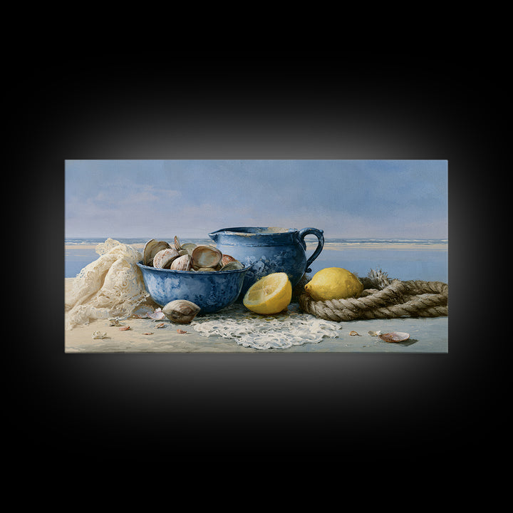 Shellfish and Lemon Still Life Framed Canvas Print, Dining Room Art, Large Wall Art, Dining Room Decor, Oil Painting, Dining, DRA-2x1-60