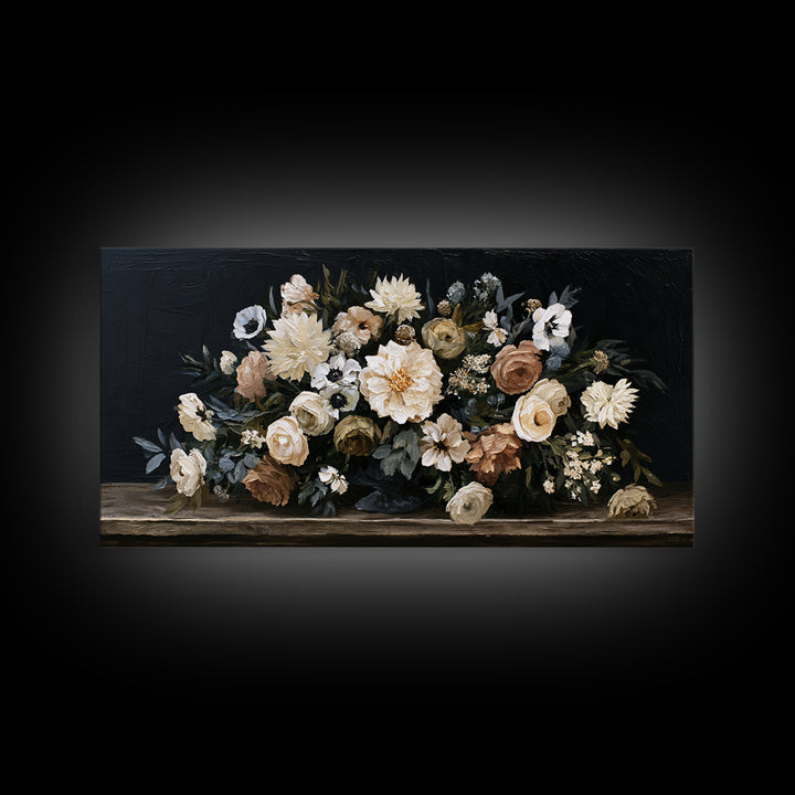 Moody Dark Background Bouquet for Formal Dining Canvas Print, Dining Room Art, Contemporary Art, Dining Room Decor, Dining, DRA-2x1-7