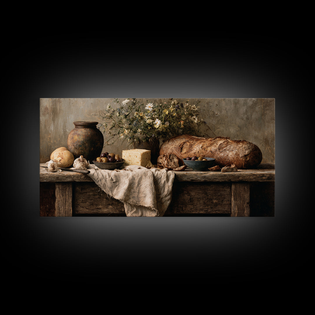 Rustic Bread Olives and Cheese Still Life Canvas Print, Dining Room Art, Dining Room Decor, Watercolor Art, Dining, DRA-2x1-74