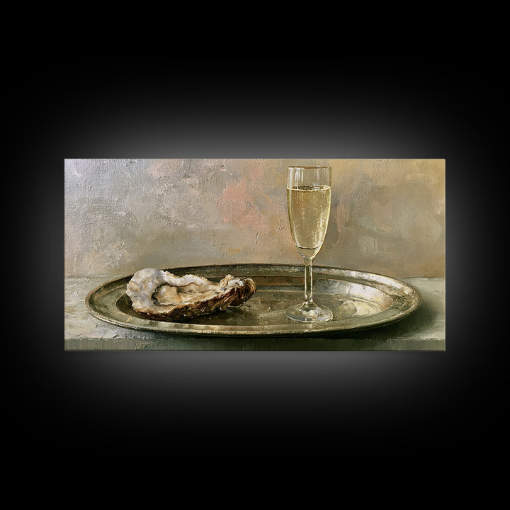 Elegant Oyster and Champagne Still Life Framed Canvas Print, Dining Room Art, Neutral Decor, Dining Room Decor, Dining, DRA-2x1-75