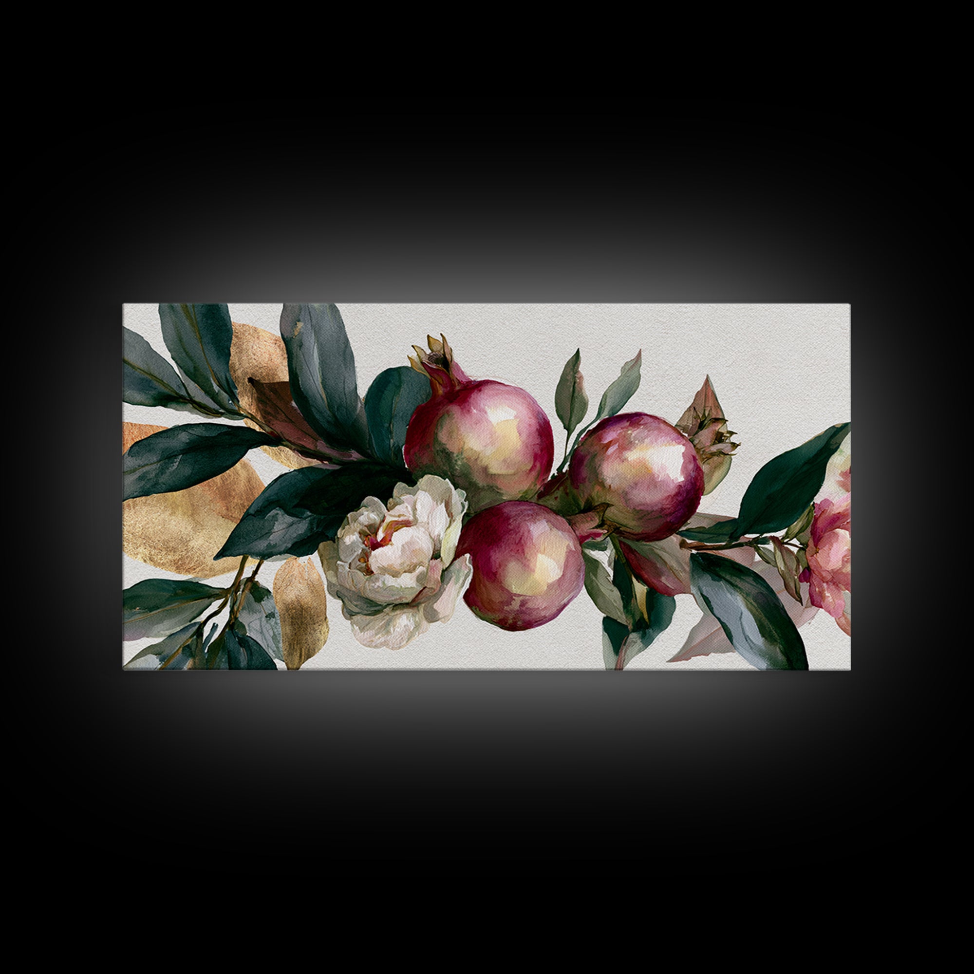 Pomegranate and Gold Leaf Botanical Study Canvas Print, Dining Room Art, Kitchen Art, Dining Room Decor, Fine Art, Dining, DRA-2x1-76