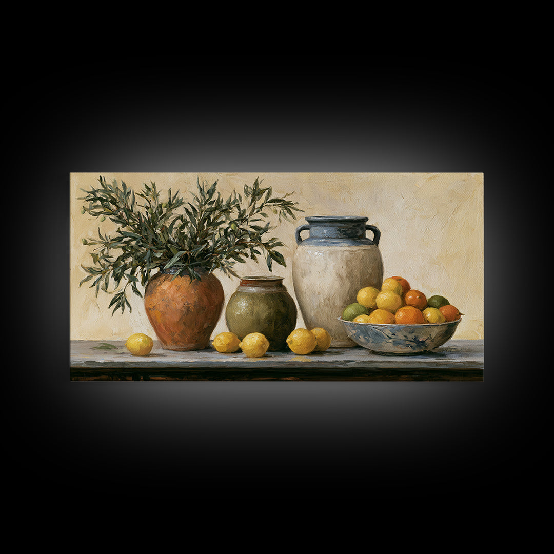 Mediterranean Olive Branch and Citrus Arrangement Canvas Print, Dining Room Art, Living Room Decor, Dining Room Decor, Dining, DRA-2x1-80