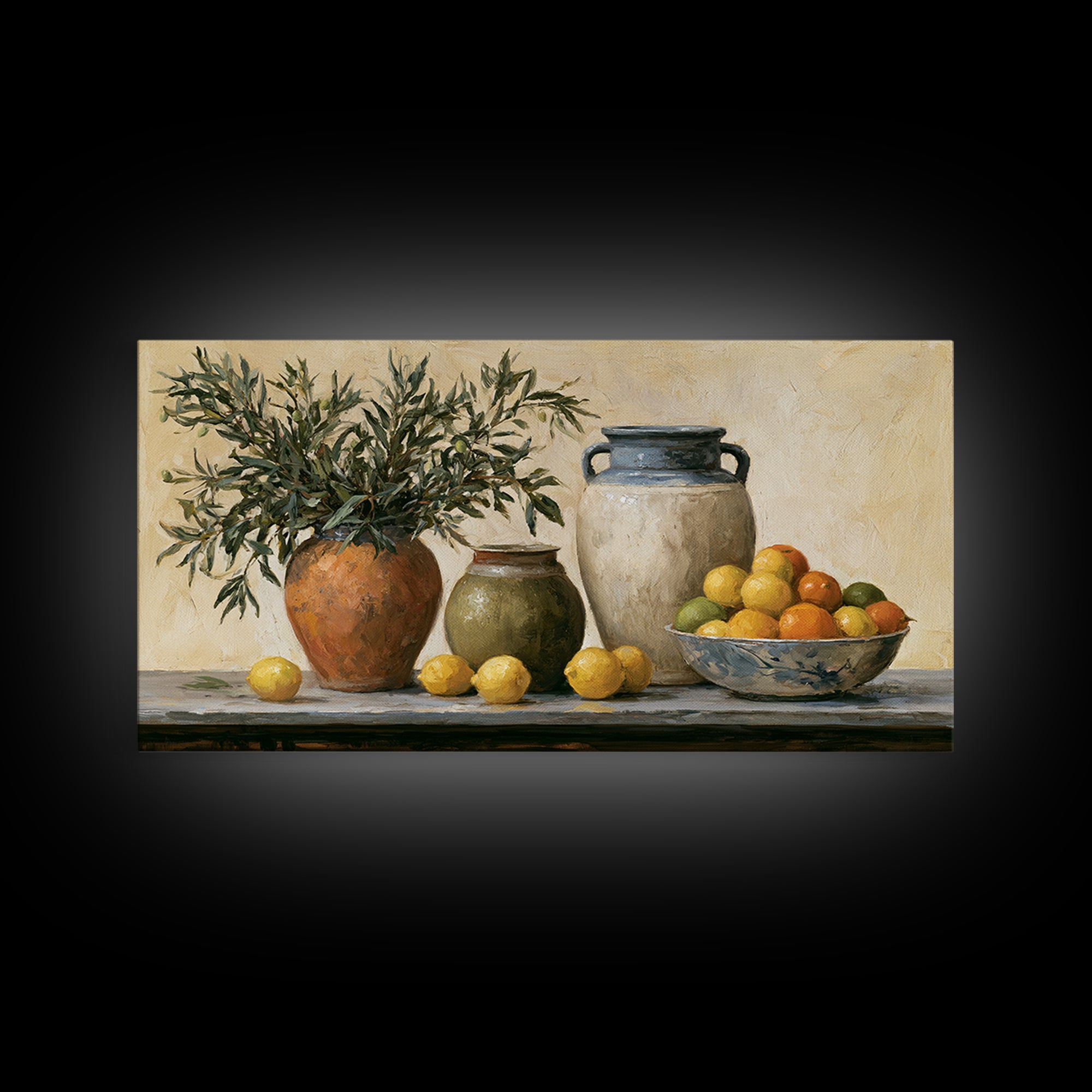 Mediterranean Olive Branch and Citrus Arrangement Canvas Print, Dining Room Art, Living Room Decor, Dining Room Decor, Dining, DRA-2x1-80