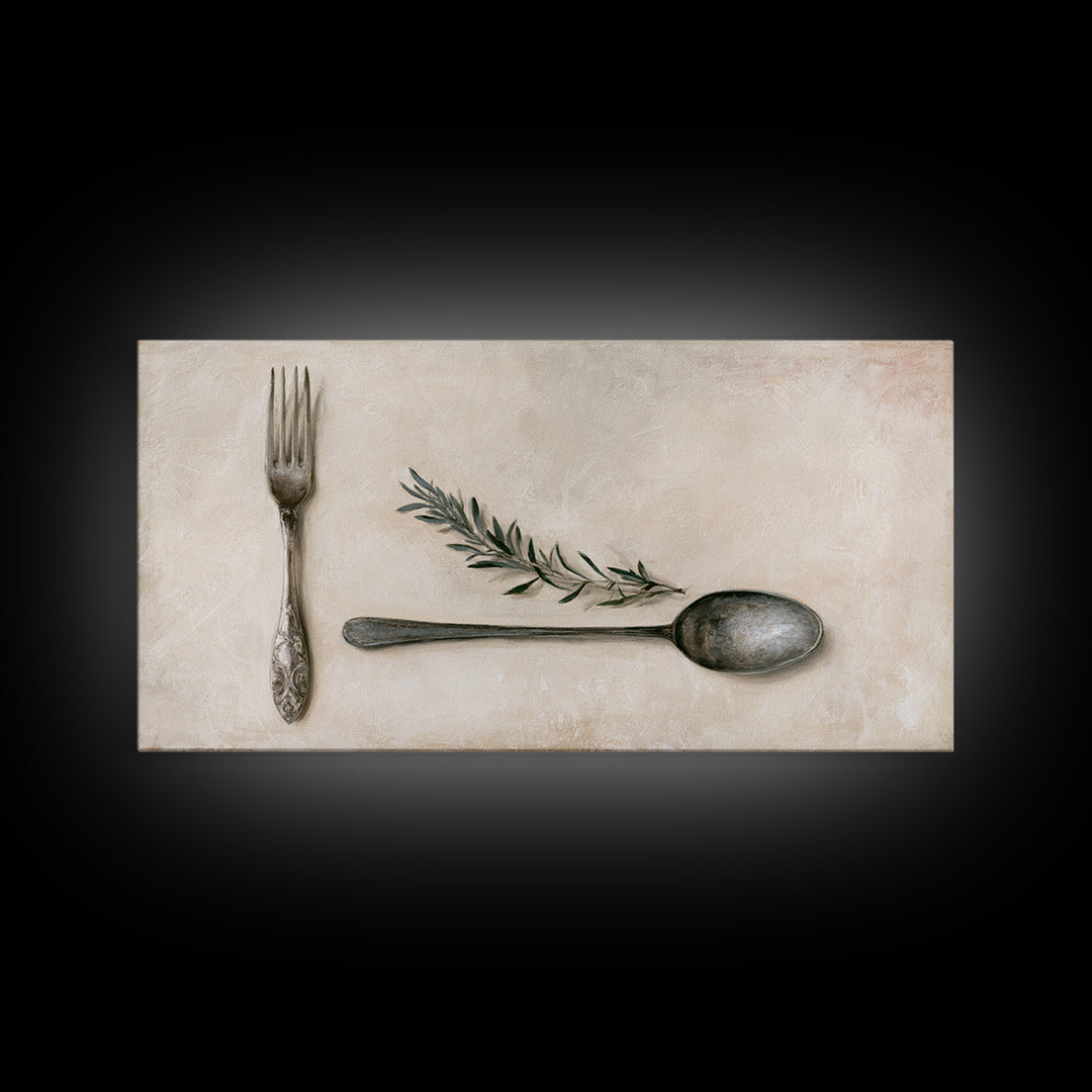 Minimal Fork Spoon and Herb Composition Framed Canvas Print, Dining Room Art, Dining Room Decor, Oil Painting, Dining, DRA-2x1-90