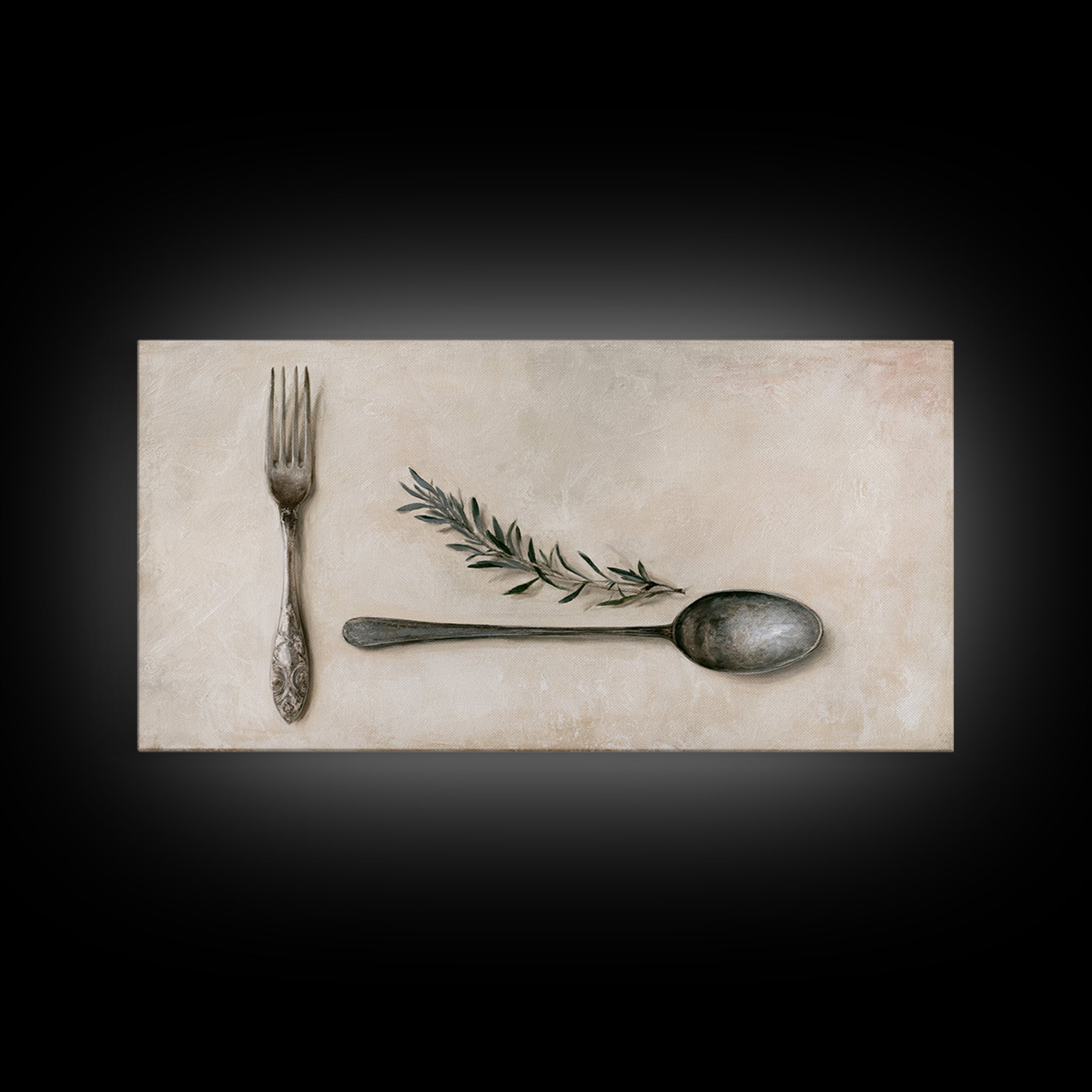 Minimal Fork Spoon and Herb Composition Framed Canvas Print, Dining Room Art, Dining Room Decor, Oil Painting, Dining, DRA-2x1-90