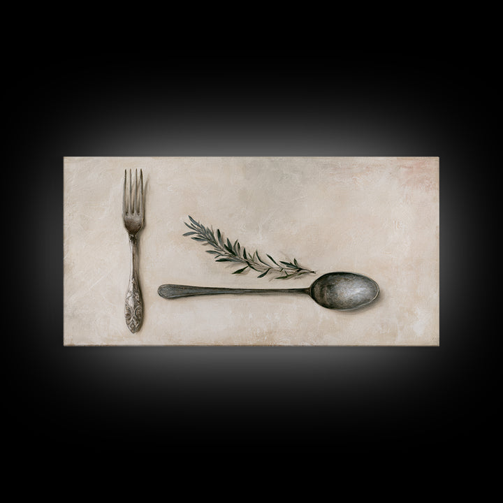 Minimal Fork Spoon and Herb Composition Framed Canvas Print, Dining Room Art, Dining Room Decor, Oil Painting, Dining, DRA-2x1-90
