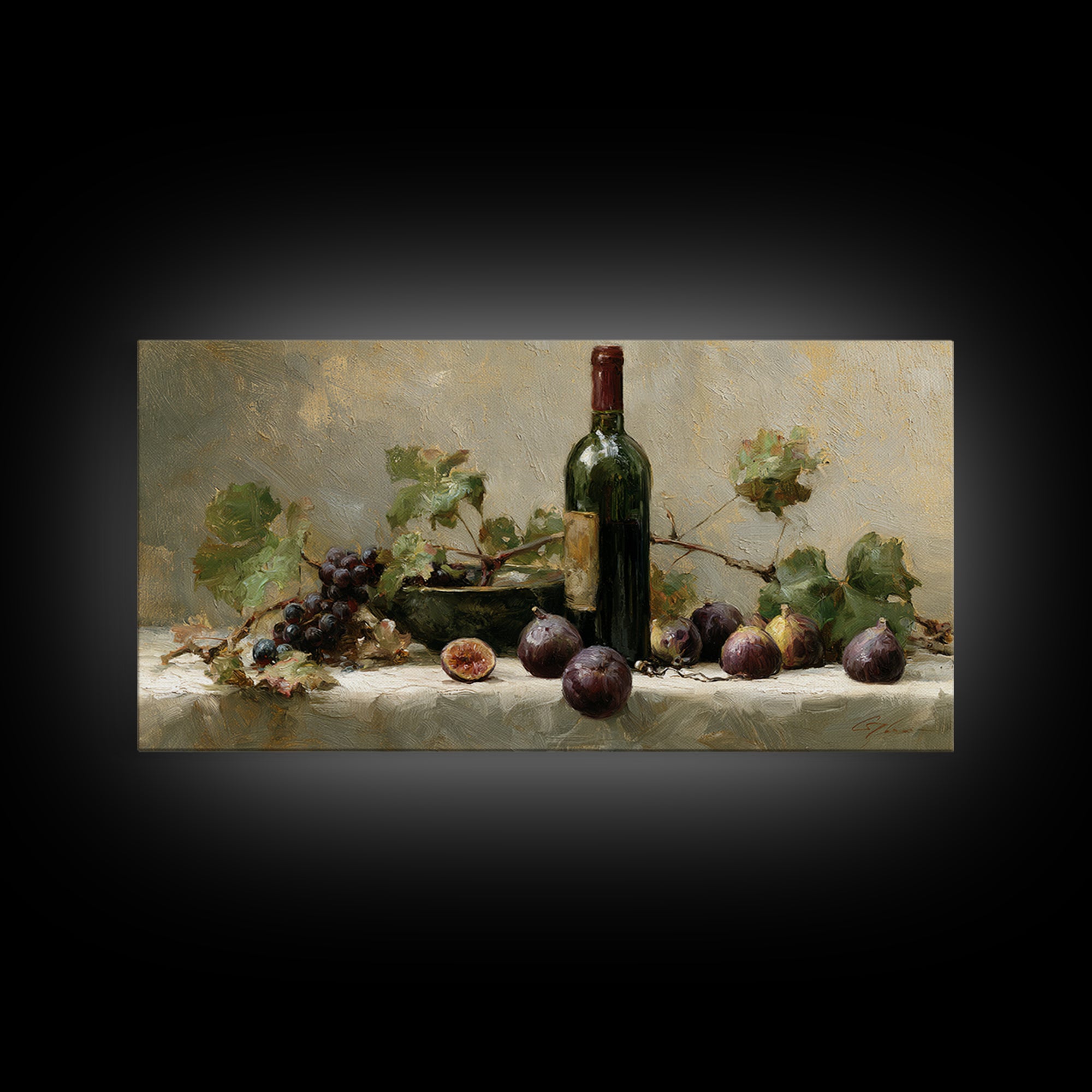 Wine Bottle and Figs on a Linen Framed Canvas Print, Dining Room Art, Coastal Decor, Dining Room Decor, Fine Art, Dining, DRA-2x1-95