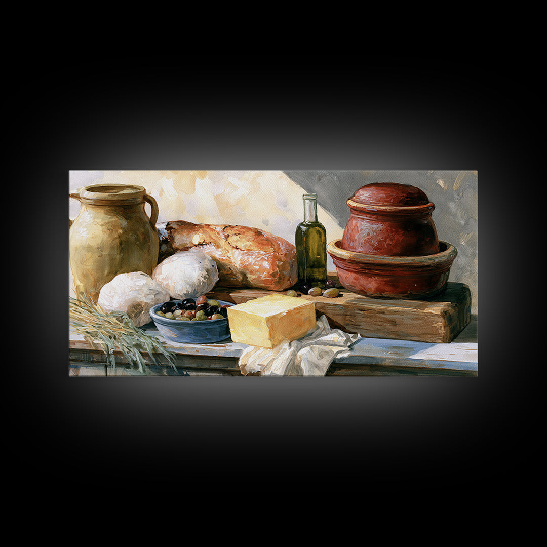 Rustic Bread Olives and Cheese Still Life Canvas Print, Dining Room Art, Dining Room Decor, Watercolor Art, Dining, DRA-2x1-98