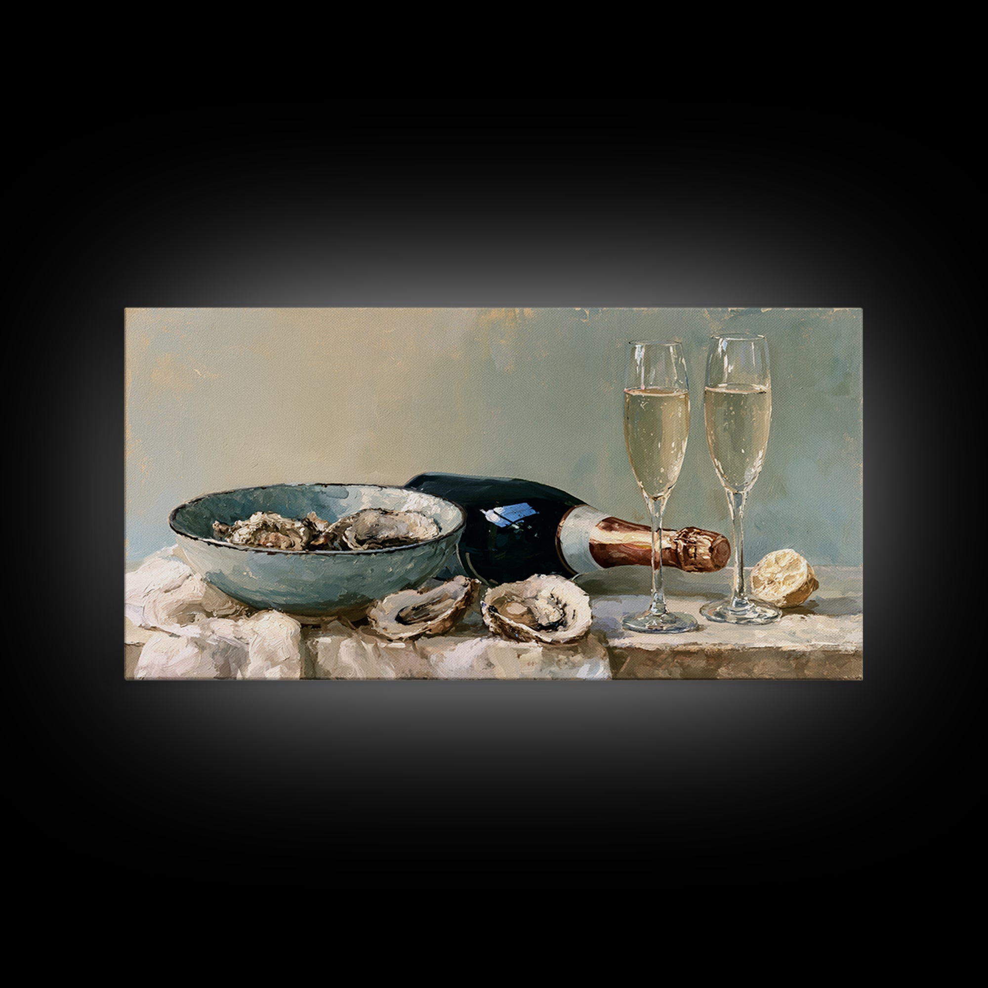 Elegant Oyster and Champagne Still Life Framed Canvas Print, Dining Room Art, Kitchen Wall Art, Dining Room Decor, Dining, DRA-2x1-99