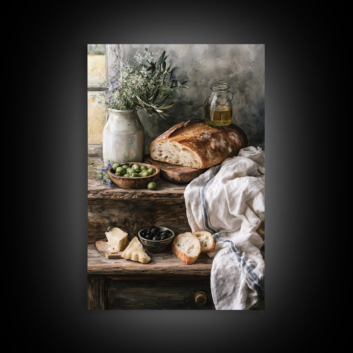 Rustic Bread Olives and Cheese Still Life Canvas Print, Dining Room Art, Modern Decor, Dining Room Decor, Oil Painting, Dining, DRA-2x3-14