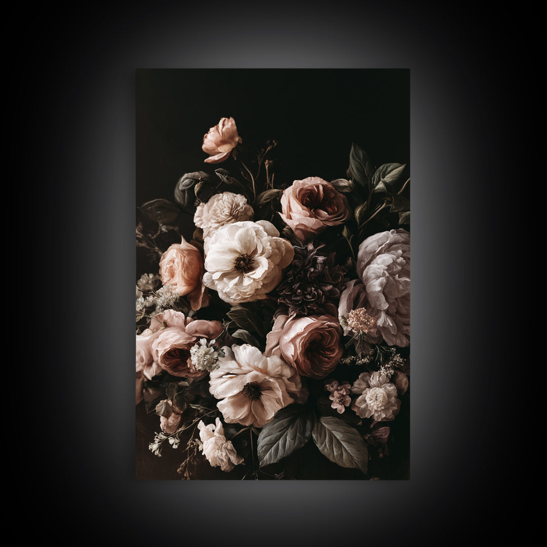 Moody Dark Background Bouquet for Formal Dining Canvas Print, Dining Room Art, 3 Piece Wall Art, Dining Room Decor, Dining, DRA-2x3-19