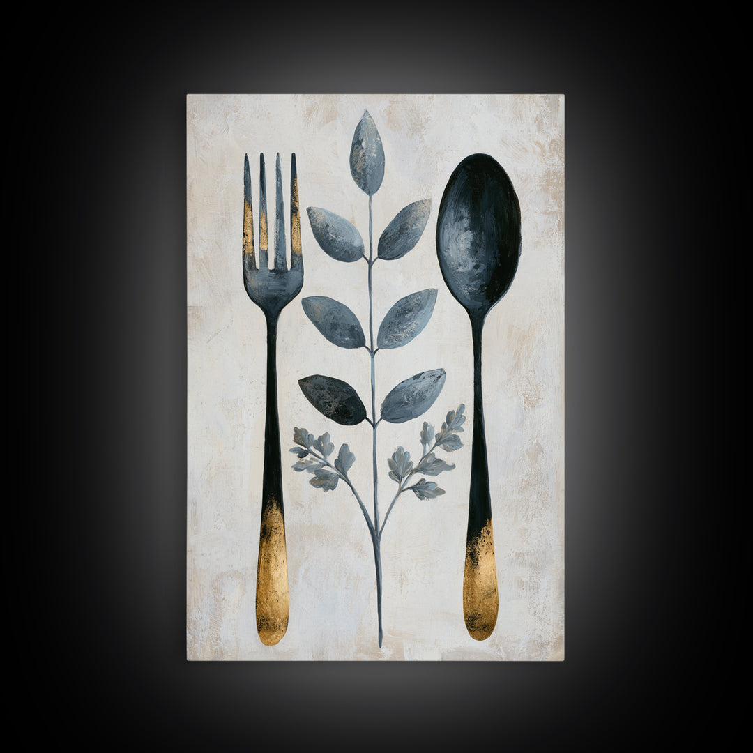 Minimal Fork Spoon and Herb Composition Framed Canvas Print, Dining Room Art, Wall Decor, Dining Room Decor, Fine Art, Dining, DRA-2x3-30