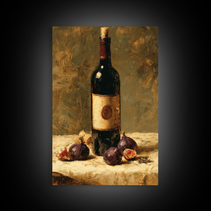 Wine Bottle and Figs on a Linen Canvas Print, Dining Room Art, Gallery Decor, Dining Room Decor, Abstract Art, Dining, DRA-2x3-35