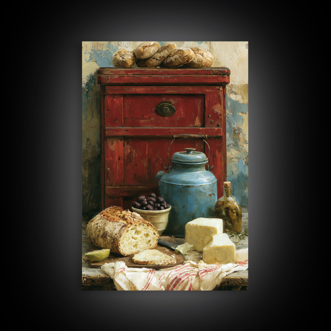 Rustic Bread Olives and Cheese Still Life Framed Canvas Print, Dining Room Art, Art Print, Dining Room Decor, Fine Art, Dining, DRA-2x3-38