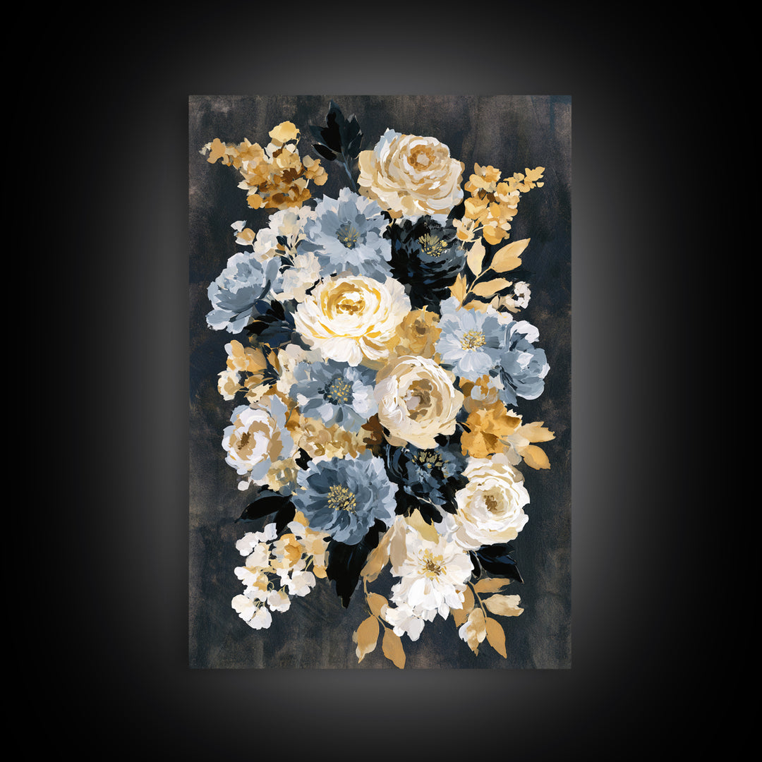 Moody Dark Background Bouquet for Formal Dining Framed Canvas Print, Dining Room Art, Neutral Decor, Dining Room Decor, Dining, DRA-2x3-43