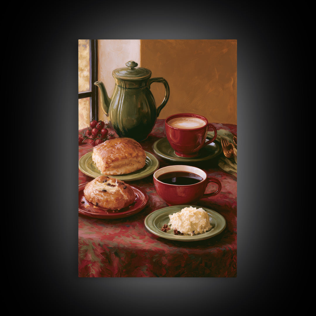 Coffee and Pastry Scene for Breakfast Nook Framed Canvas Print, Dining Room Art, Statement Artwork, Dining Room Decor, Dining, DRA-2x3-46
