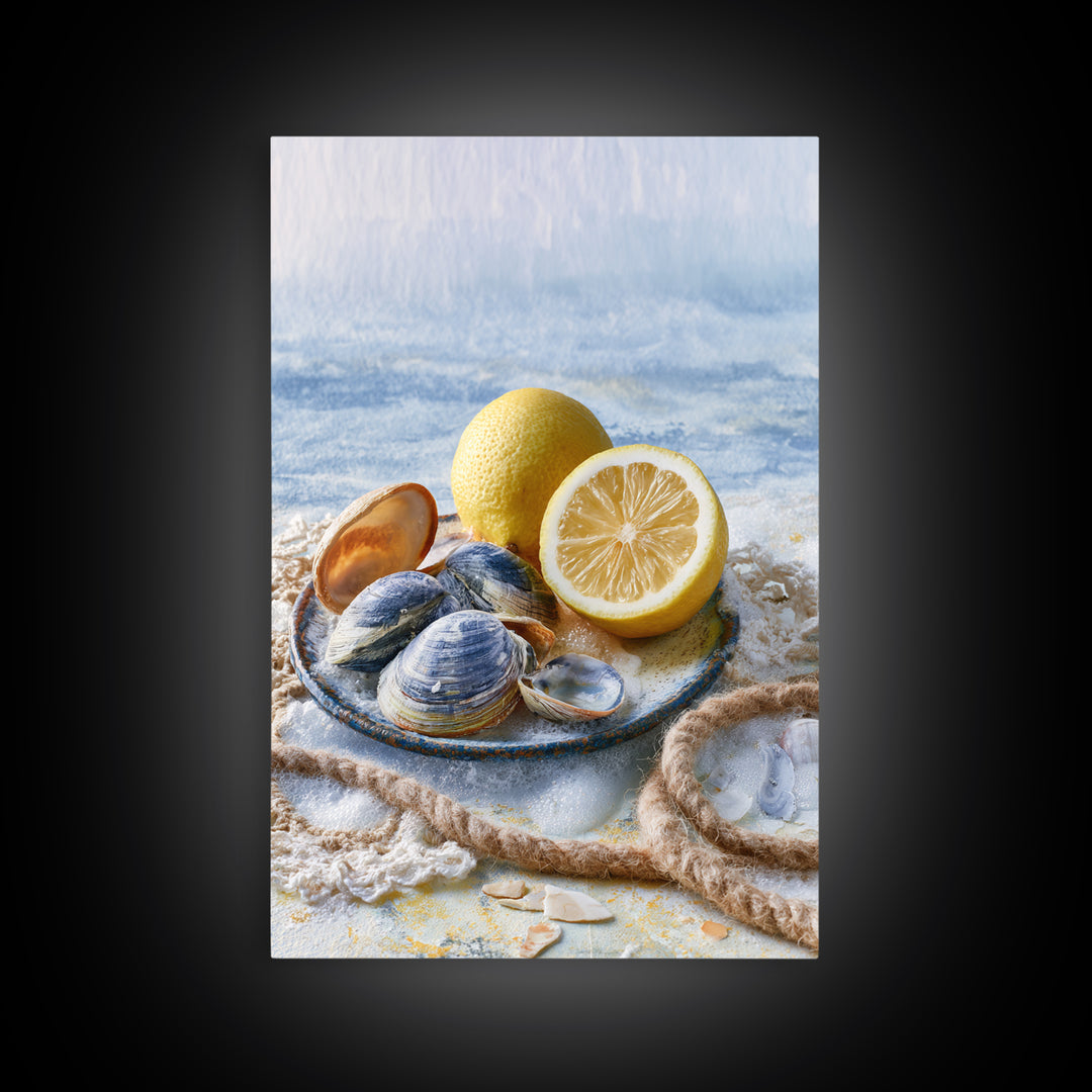 Shellfish and Lemon Still Life Framed Canvas Print, Dining Room Art, Kitchen Prints, Dining Room Decor, Watercolor Art, Dining, DRA-2x3-48