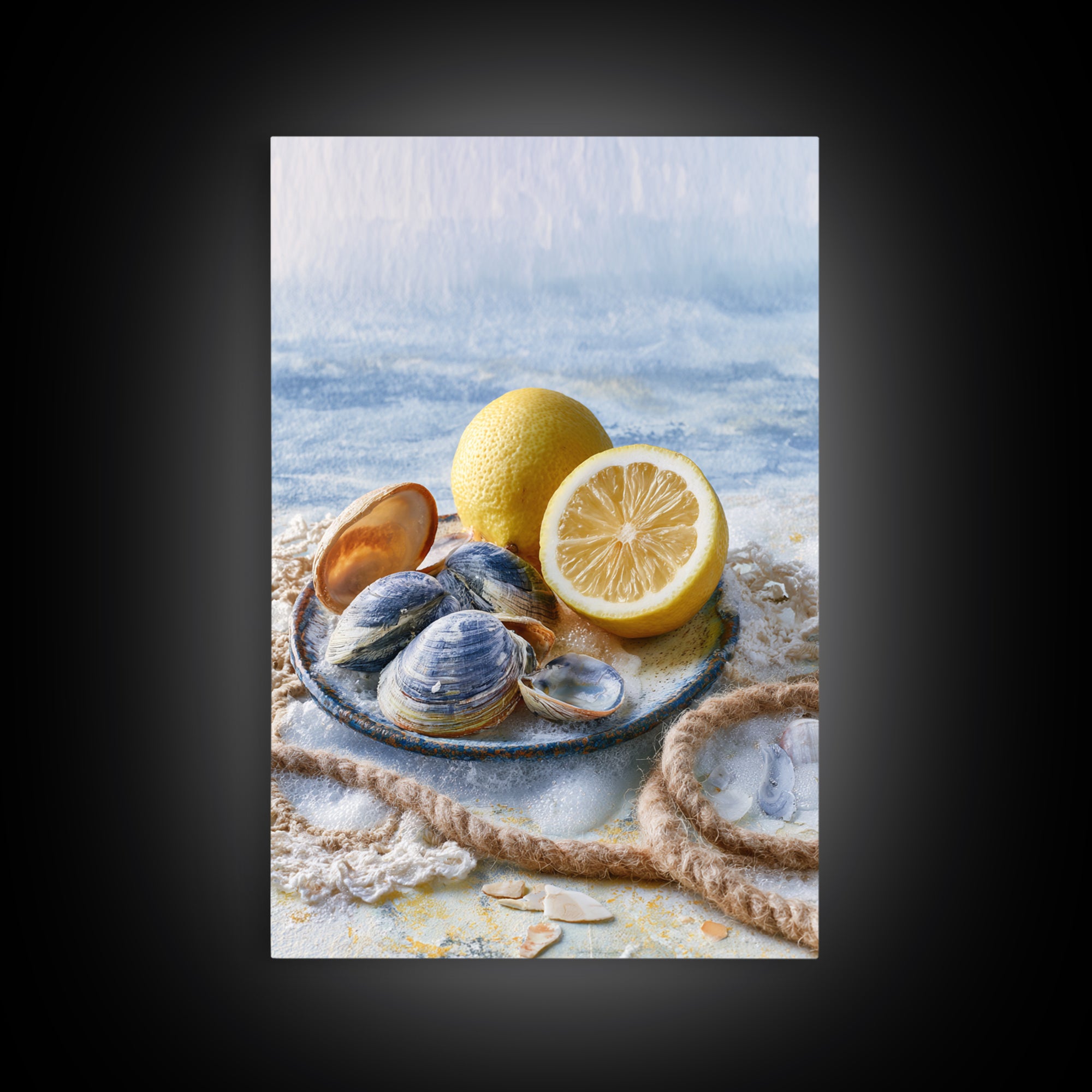 Shellfish and Lemon Still Life Framed Canvas Print, Dining Room Art, Kitchen Prints, Dining Room Decor, Watercolor Art, Dining, DRA-2x3-48
